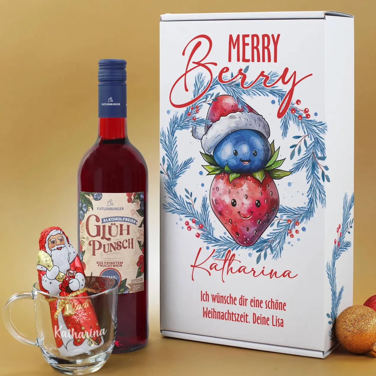Merry Berry - alkoholfreier Glühpunsch im Set mit Trinkglas, Schokonikolaus und Geschenkbox