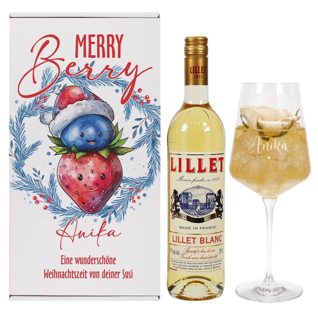 Merry Berry - Lillet Geschenkset mit Glas und Geschenkbox zu Weihnachten