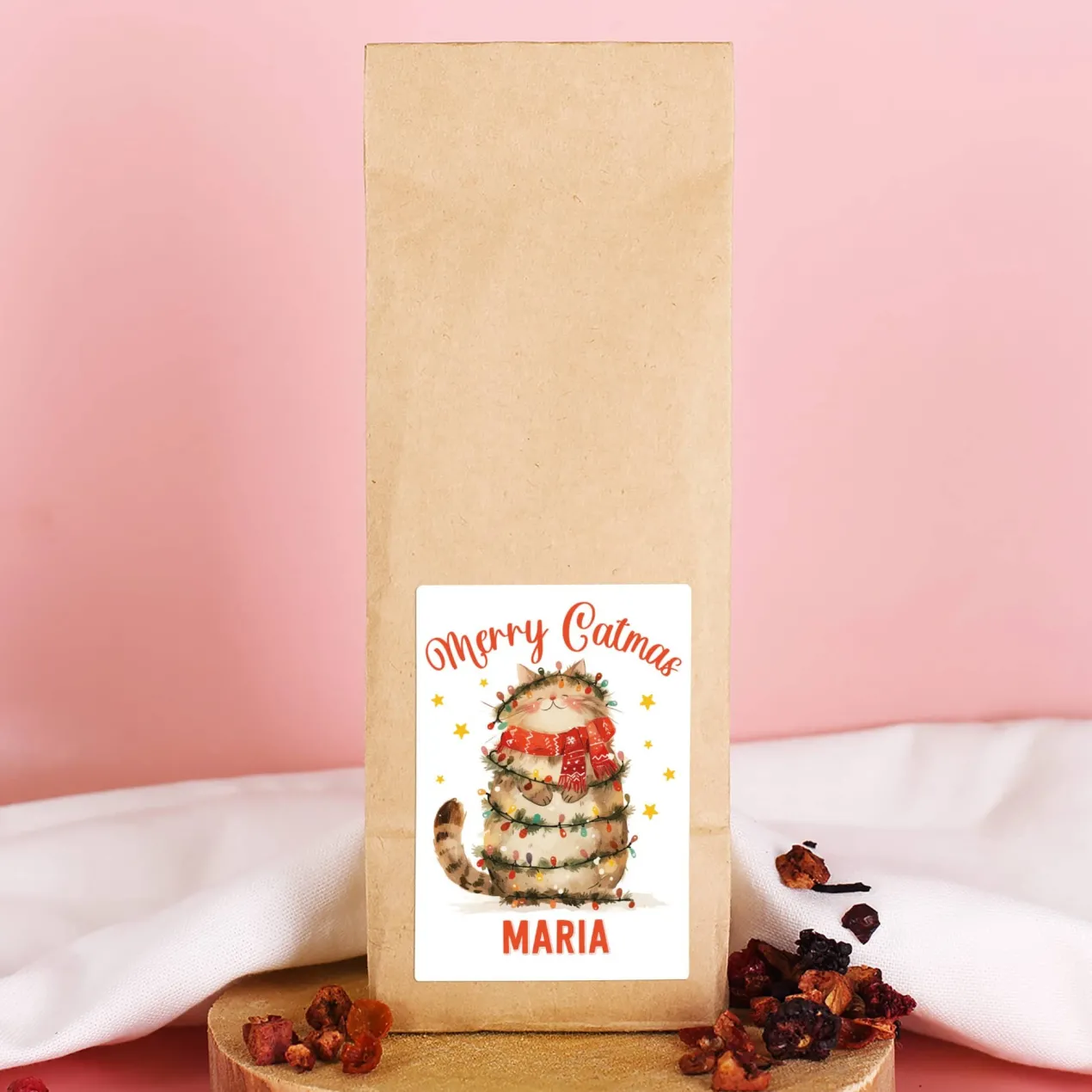 Merry Catmas - Früchtetee mit weihnachtlichem Katzenmotiv und Name