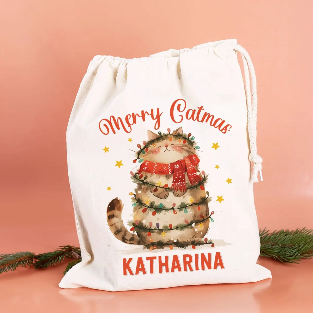 Merry Catmas - Geschenksack mit Katzenmotiv und Ihrem Wunschnamen
