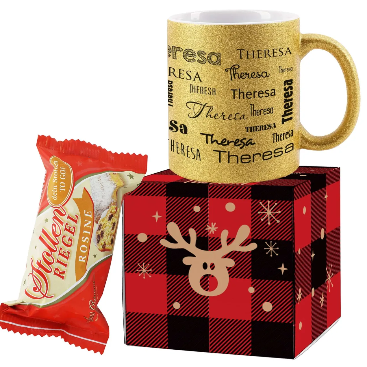 Merry Christmas - Personalisiertes Geschenkset mit kleinem Stollen und goldener Glitzertasse