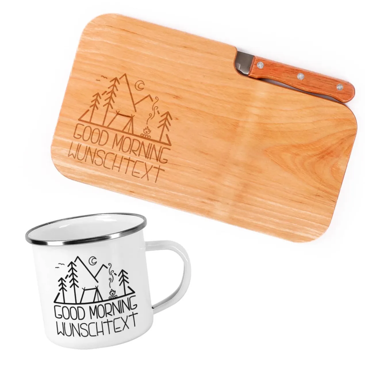 Messerbrett und Emailletasse im Set mit Campingmotiv