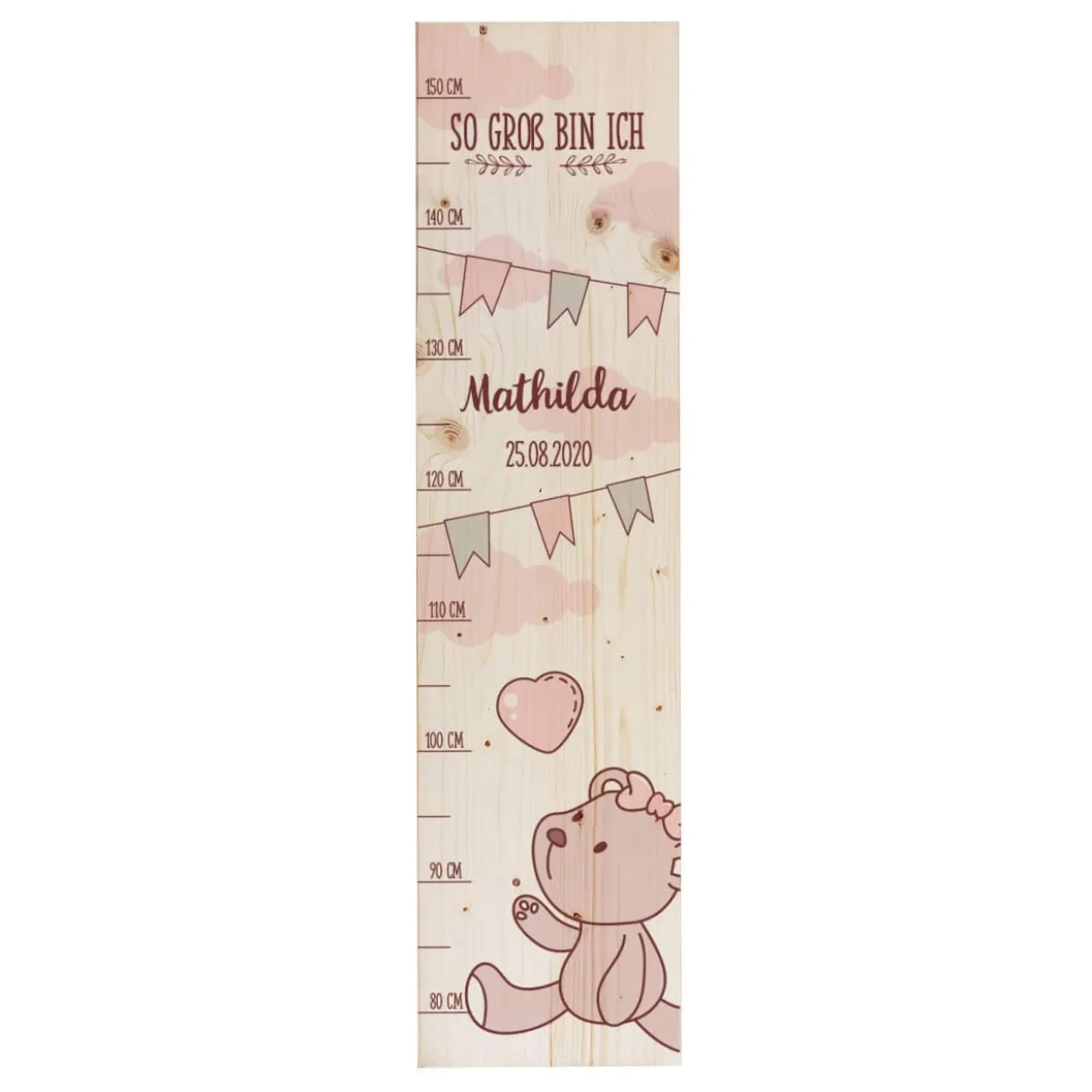 Messlatte für Mädchen mit Teddymotiv und Namensaufdruck