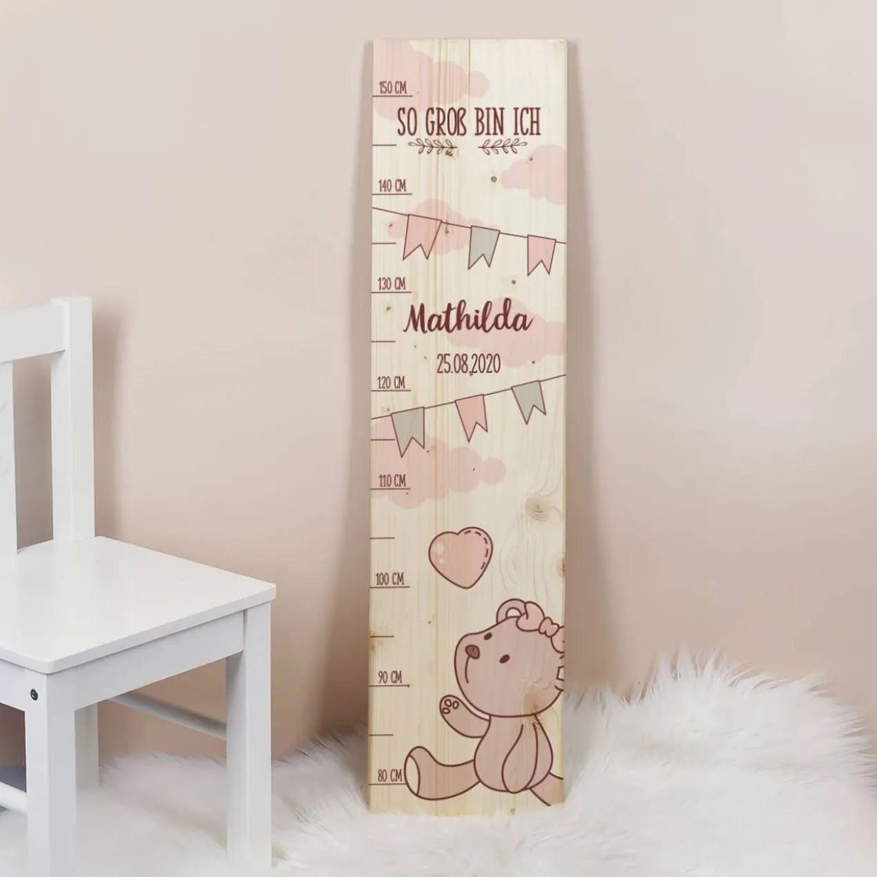 Messlatte für Mädchen mit Teddymotiv und Namensaufdruck