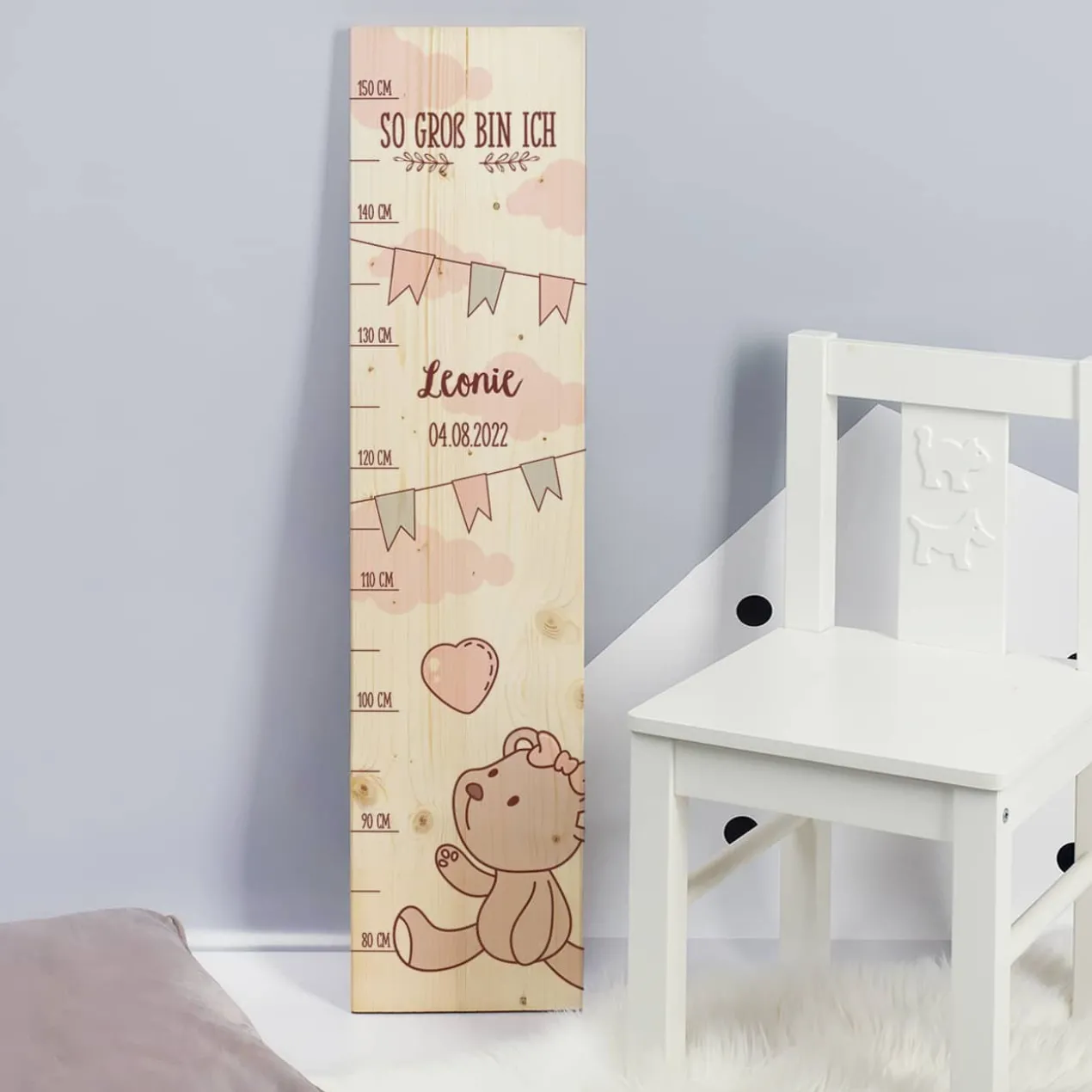 Messlatte für Mädchen mit Teddymotiv und Namensaufdruck