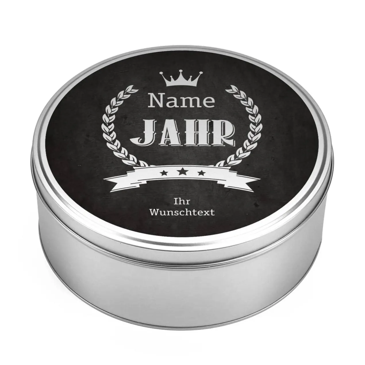 Metalldose zum Geburtstag mit Name, Jahreszahl und Glückwunschtext