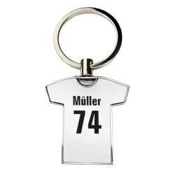 Metall-Schlüsselanhänger zum Geburtstag in T-Shirt-Form personalisiert mit Name, Zahl & Farben
