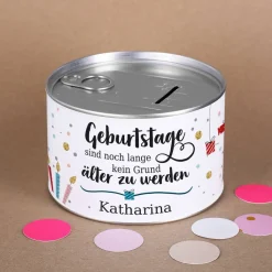Metall-Spardose zum Geburtstag mit Konfettimotiv