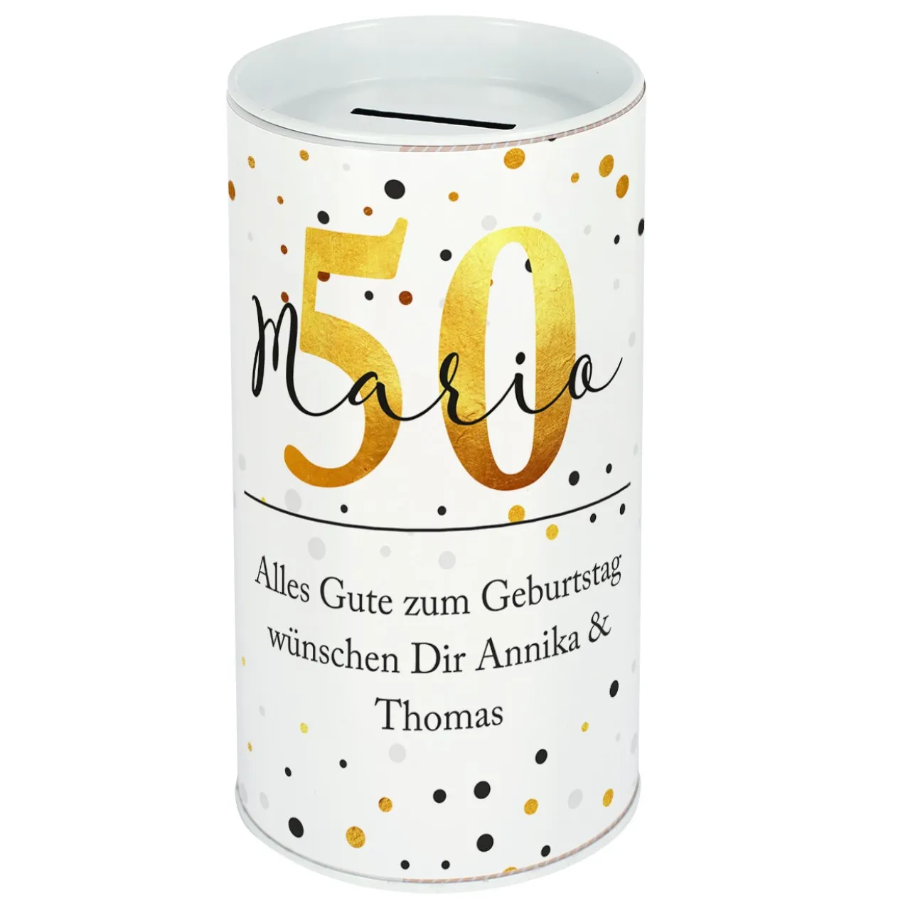 Metall-Spardose zum Geburtstag mit Name und Alter