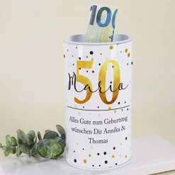 Metall-Spardose zum Geburtstag mit Name und Alter
