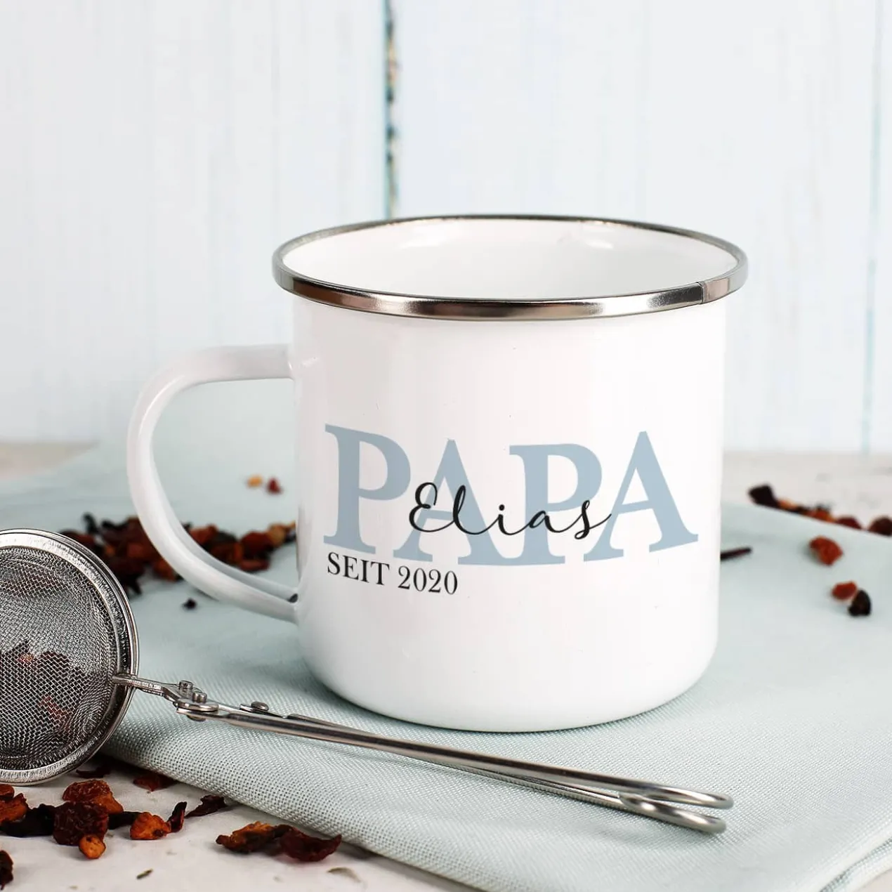 Metalltasse - Papa seit - als Geschenk zum Vatertag