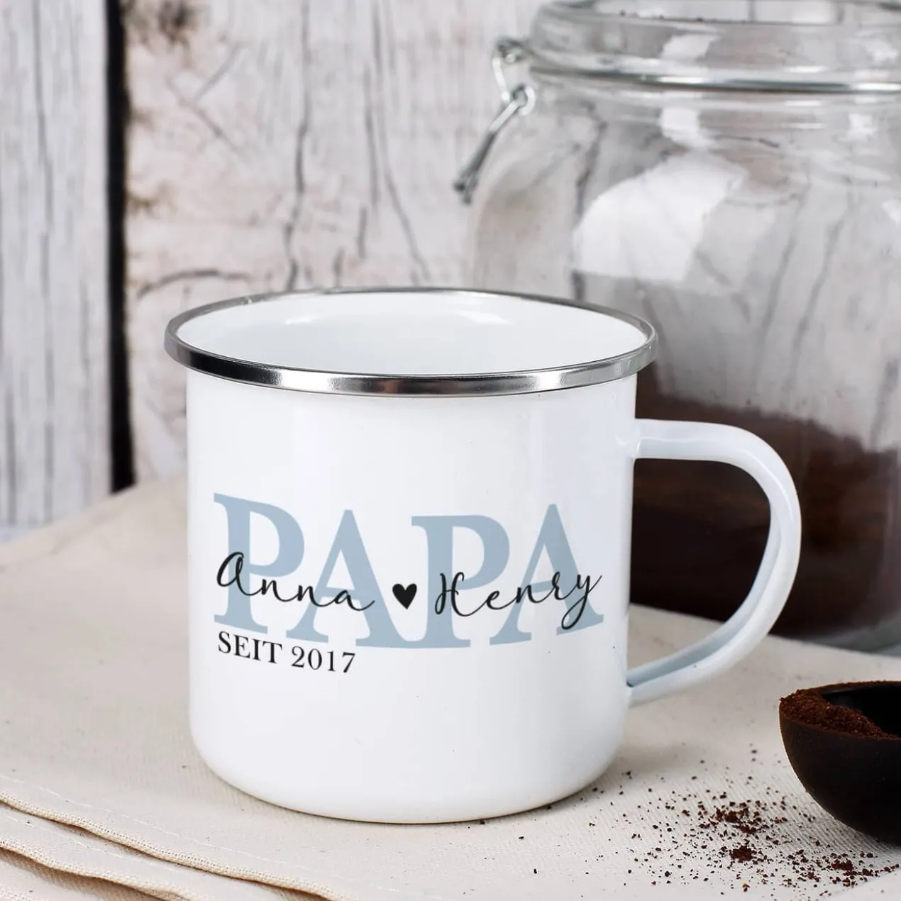 Metalltasse - Papa seit - als Geschenk zum Vatertag
