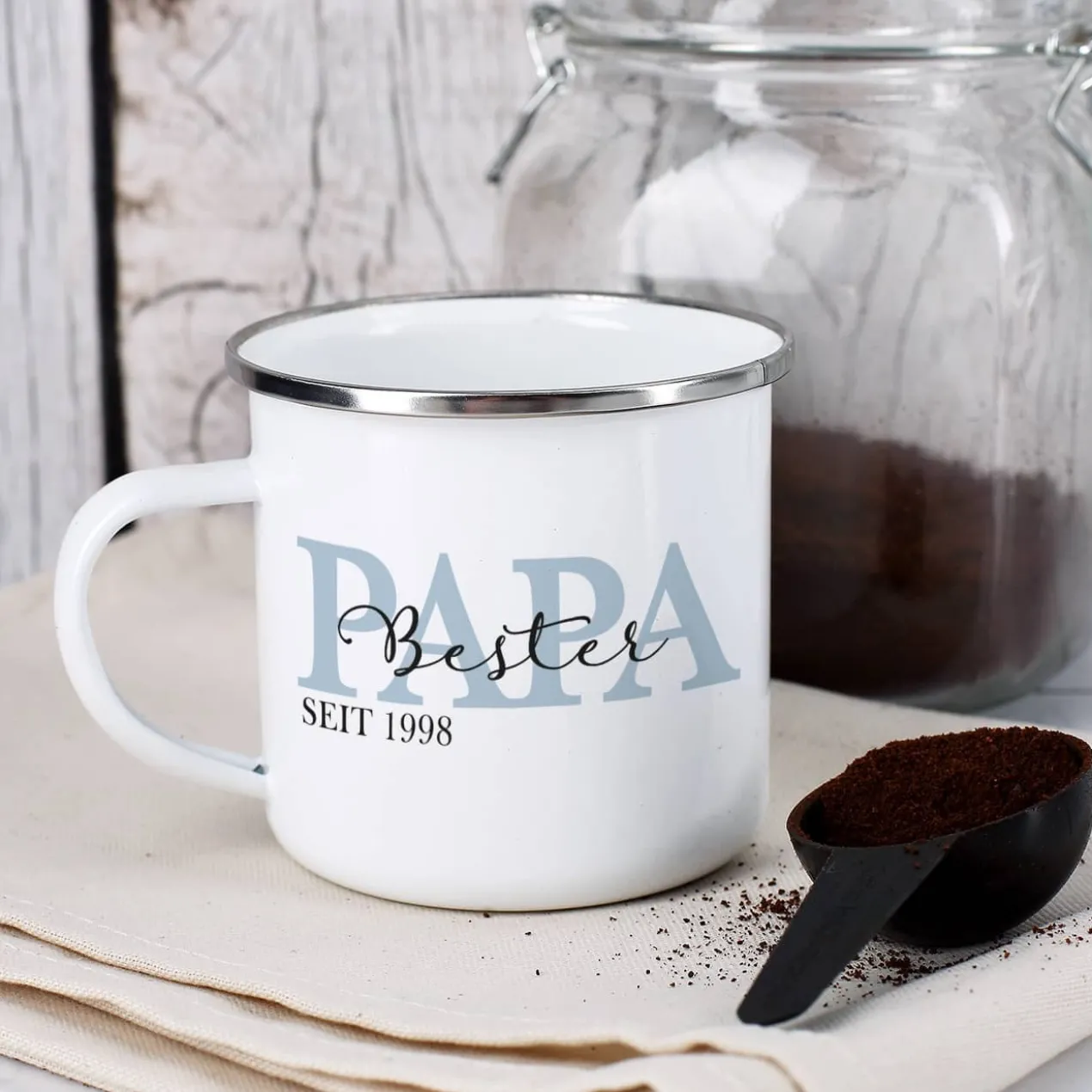 Metalltasse - Papa seit - als Geschenk zum Vatertag