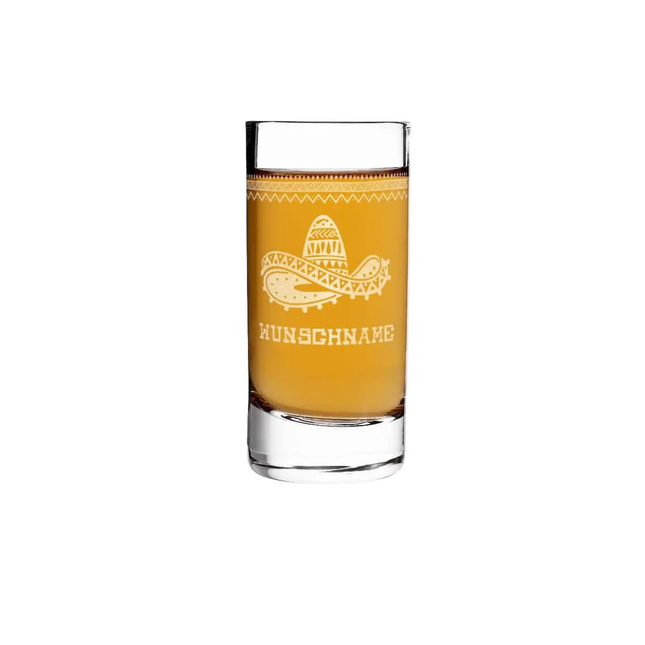 Mexikanischer Sombrero mit Ornamenten und Wunschname graviert auf Schnapsglas