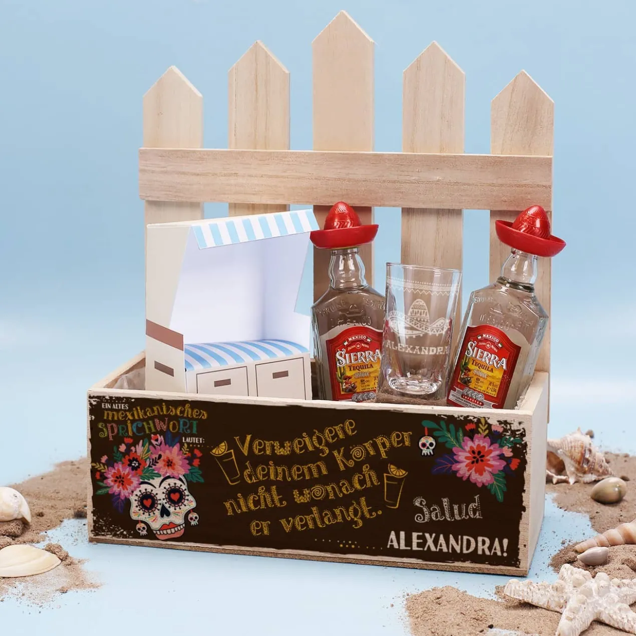 Mexikanisches Urlaubs-Feeling in der Holzkiste - mit Tequila und graviertem Schnapsglas