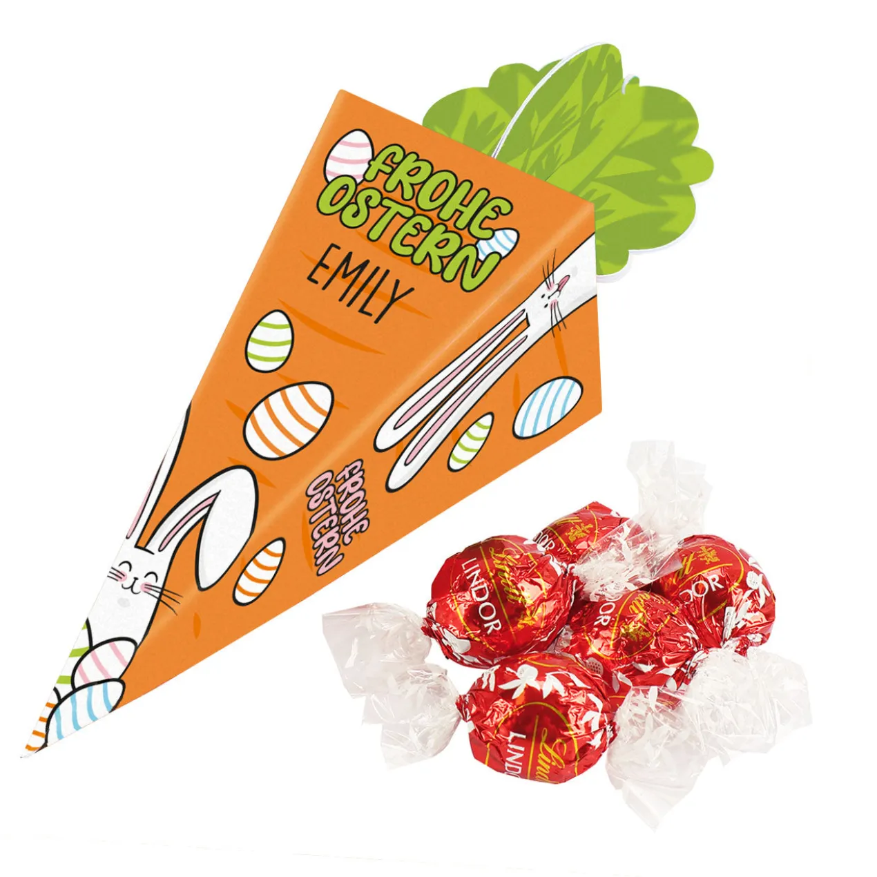 Möhre zu Ostern mit 5 Lindorkugeln und Namensaufdruck