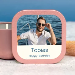 Mini Duftkerze mit Foto & Wunschtext | Kerze als Gastgeschenk & Deko für viele Anlässe mit Farbwahl