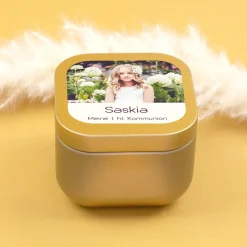 Mini Duftkerze mit Foto & Wunschtext | Kerze als Gastgeschenk & Deko für viele Anlässe mit Farbwahl