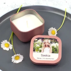 Mini Duftkerze mit Foto & Wunschtext | Kerze als Gastgeschenk & Deko für viele Anlässe mit Farbwahl