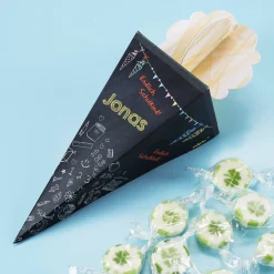 Mini Zuckertüte zur Einschulung mit 10 Bonbons gefüllt und mit Ihrem Wunschnamen bedruckt