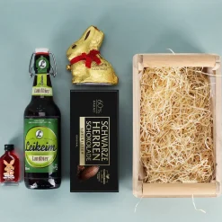 Männer Geschenkset zu Ostern, mit Herrenschokolade, Bier, Schnaps und Lindt Goldhase