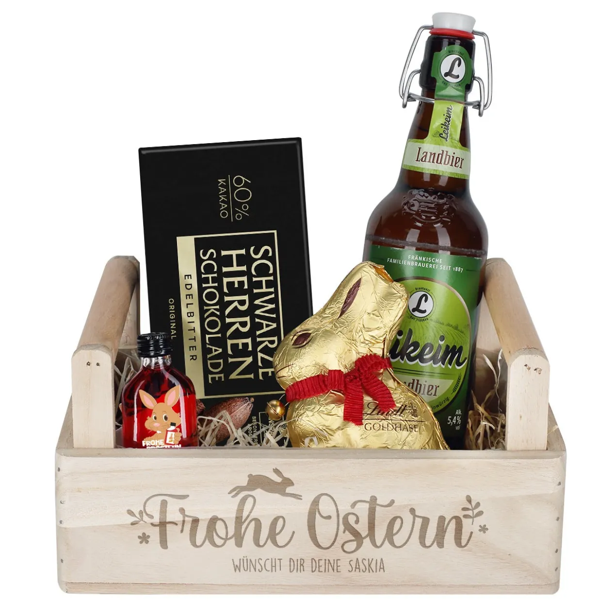 Männer Geschenkset zu Ostern, mit Herrenschokolade, Bier, Schnaps und Lindt Goldhase