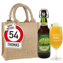 Männergeschenk zum Geburtstag - Bierglas mit Flaschenbier in Jutetüte mit Anhänger
