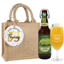 Männergeschenk zum Geburtstag - Bierglas mit Flaschenbier in Jutetüte mit Anhänger