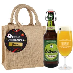 Männergeschenk zu Weihnachten - Bierglas mit Bierflasche in persönlicher Geschenktüte