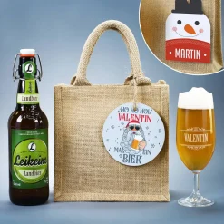 Männergeschenk zu Weihnachten - Bierglas mit Bierflasche in persönlicher Geschenktüte