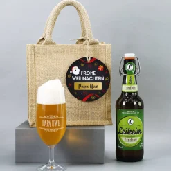 Männergeschenk zu Weihnachten - Bierglas mit Bierflasche in persönlicher Geschenktüte