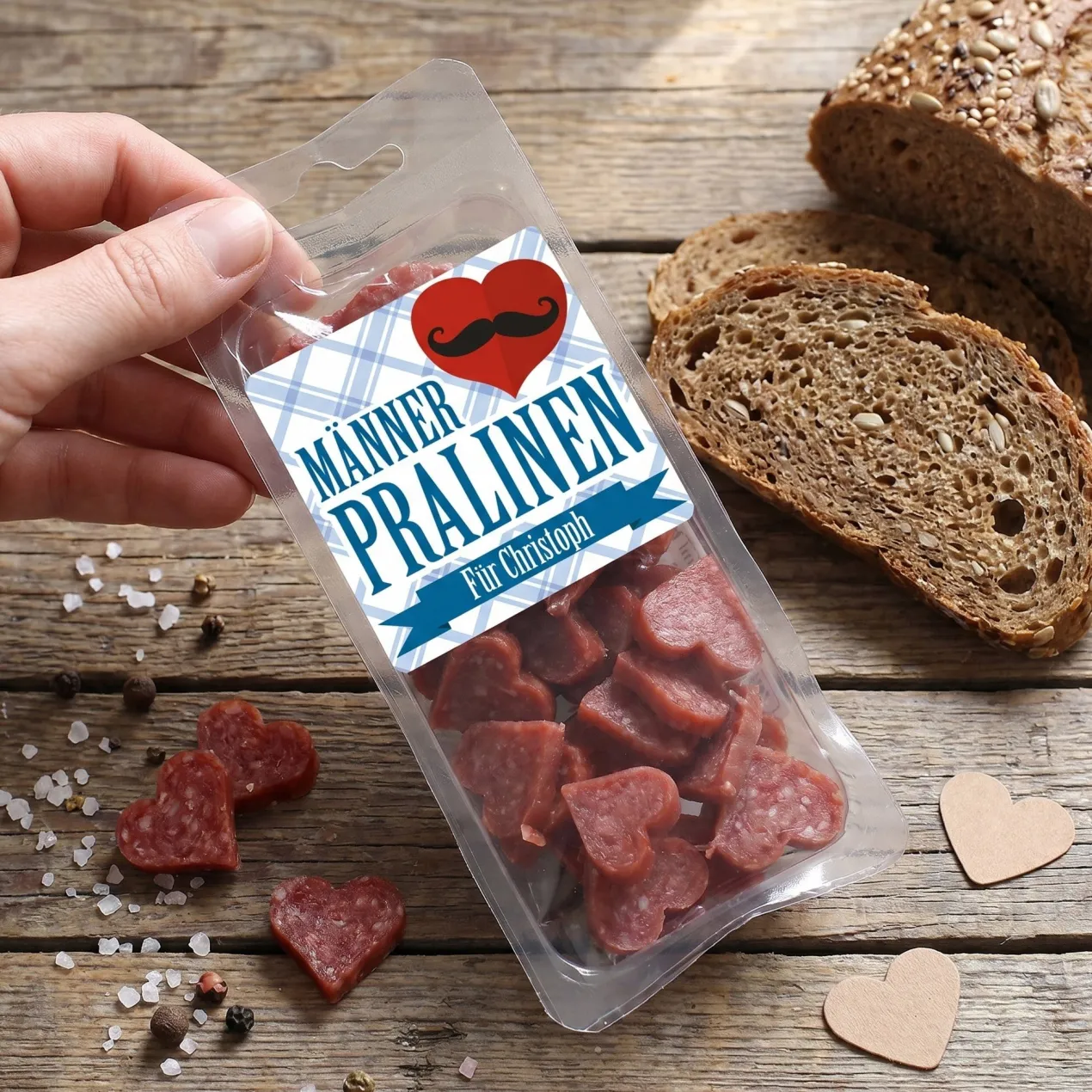 Männerpralinen kleiner Salami Snack zum Genießen personalisiert