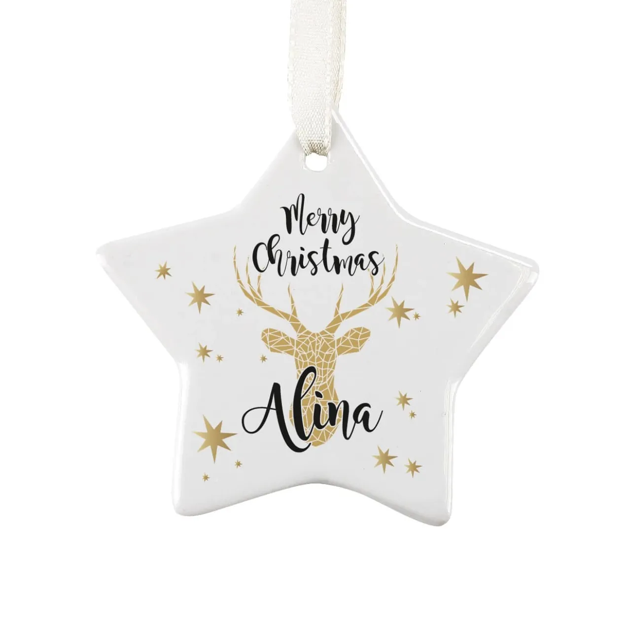 Moderner Christbaumschmuck mit Rentier und Ihrem Wunschnamen