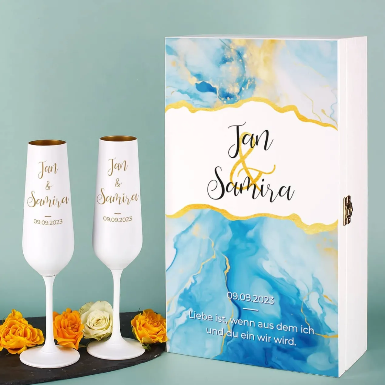Modernes Geschenkset zur Hochzeit mit zwei Sektgläsern und wunderschöner Watercolor Präsentbox