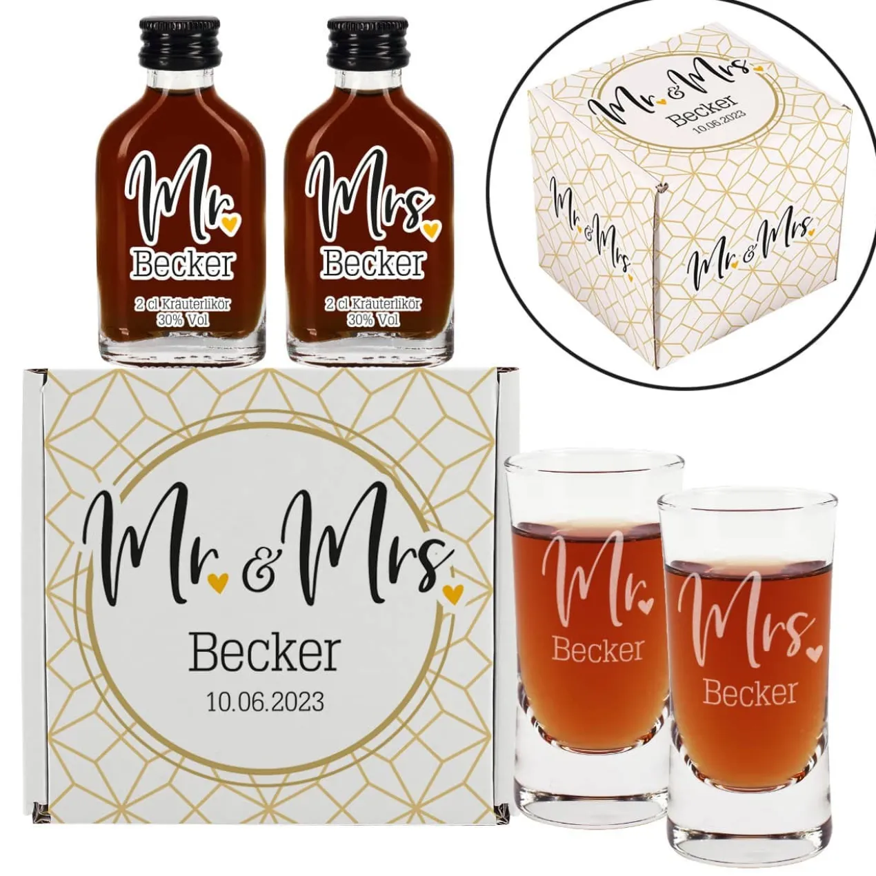 Mr. & Mrs. - Geschenkset zum Polterabend mit Kräuterlikör, Schnapsgläsern und persönlicher Box