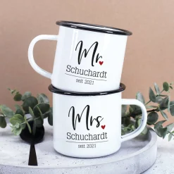 Mr und Mrs Emailletassen mit persönlichem Aufdruck