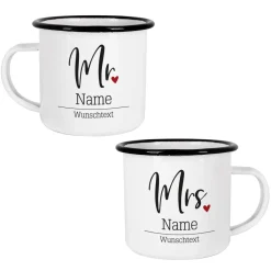 Mr und Mrs Emailletassen mit persönlichem Aufdruck