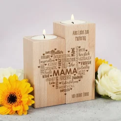 Muttertagsgeschenk - Teelichthalter aus Holz mit graviertem Herz & Wunschtext