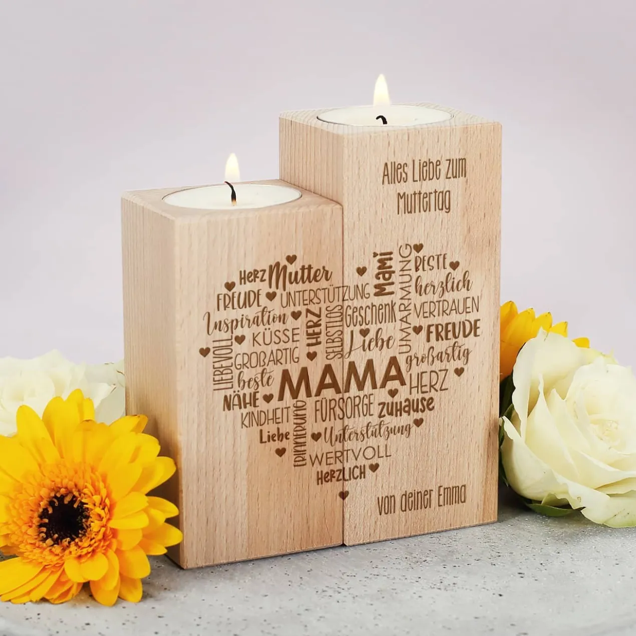 Muttertagsgeschenk - Teelichthalter aus Holz mit graviertem Herz & Wunschtext