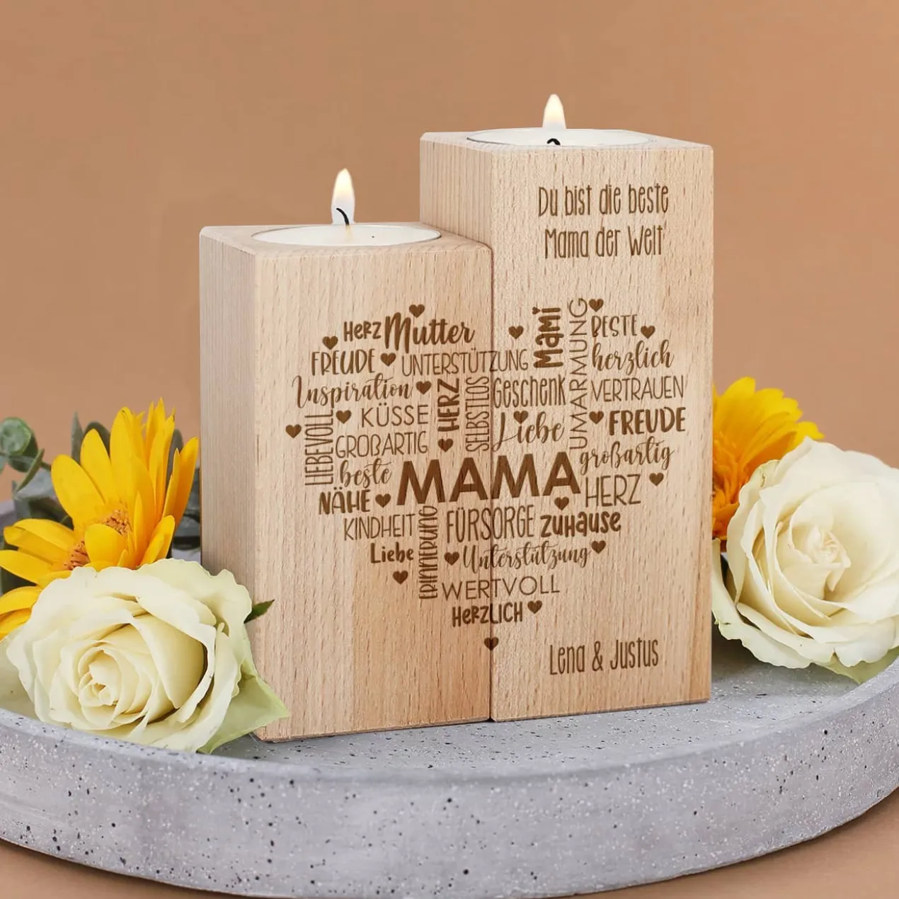 Muttertagsgeschenk - Teelichthalter aus Holz mit graviertem Herz & Wunschtext