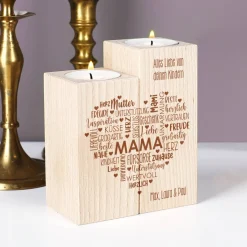Muttertagsgeschenk - Teelichthalter aus Holz mit graviertem Herz & Wunschtext