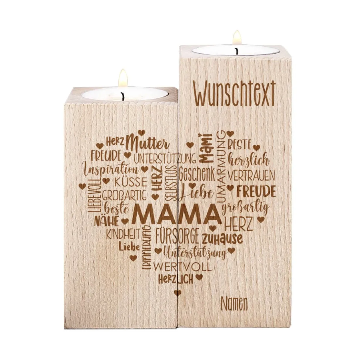 Muttertagsgeschenk - Teelichthalter aus Holz mit graviertem Herz & Wunschtext