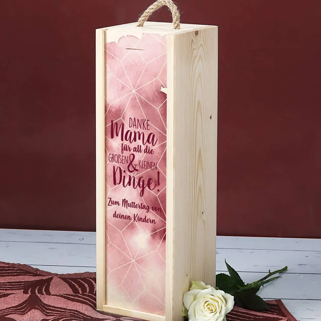 Muttertagsgeschenk - Weinflasche in bedruckter Holzbox mit Ihrem Wunschtext