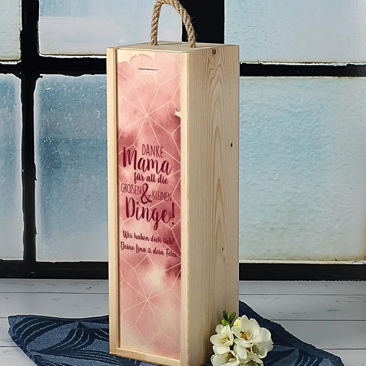 Muttertagsgeschenk - Weinflasche in bedruckter Holzbox mit Ihrem Wunschtext