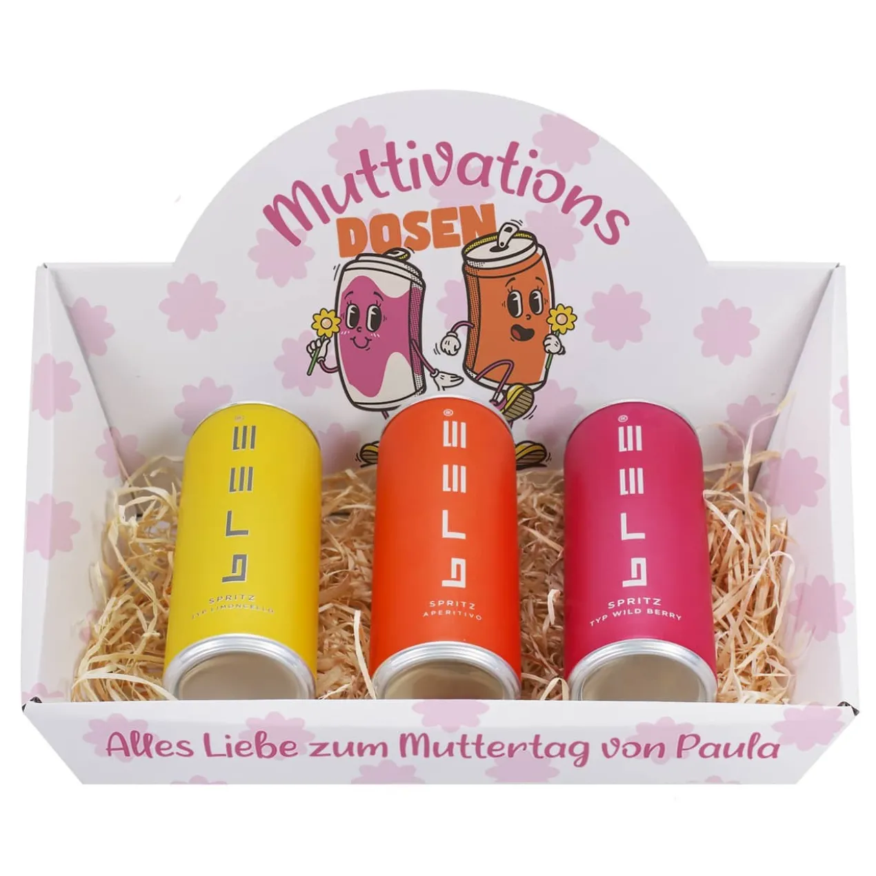 Muttivationsdosen zum Muttertag - 3 Bree Spritz Dosen im Geschenkkorb