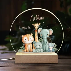 Nachtlicht Safari Tiere mit Name und Datum, LED Lampe als Geschenk für Babys und Kinder