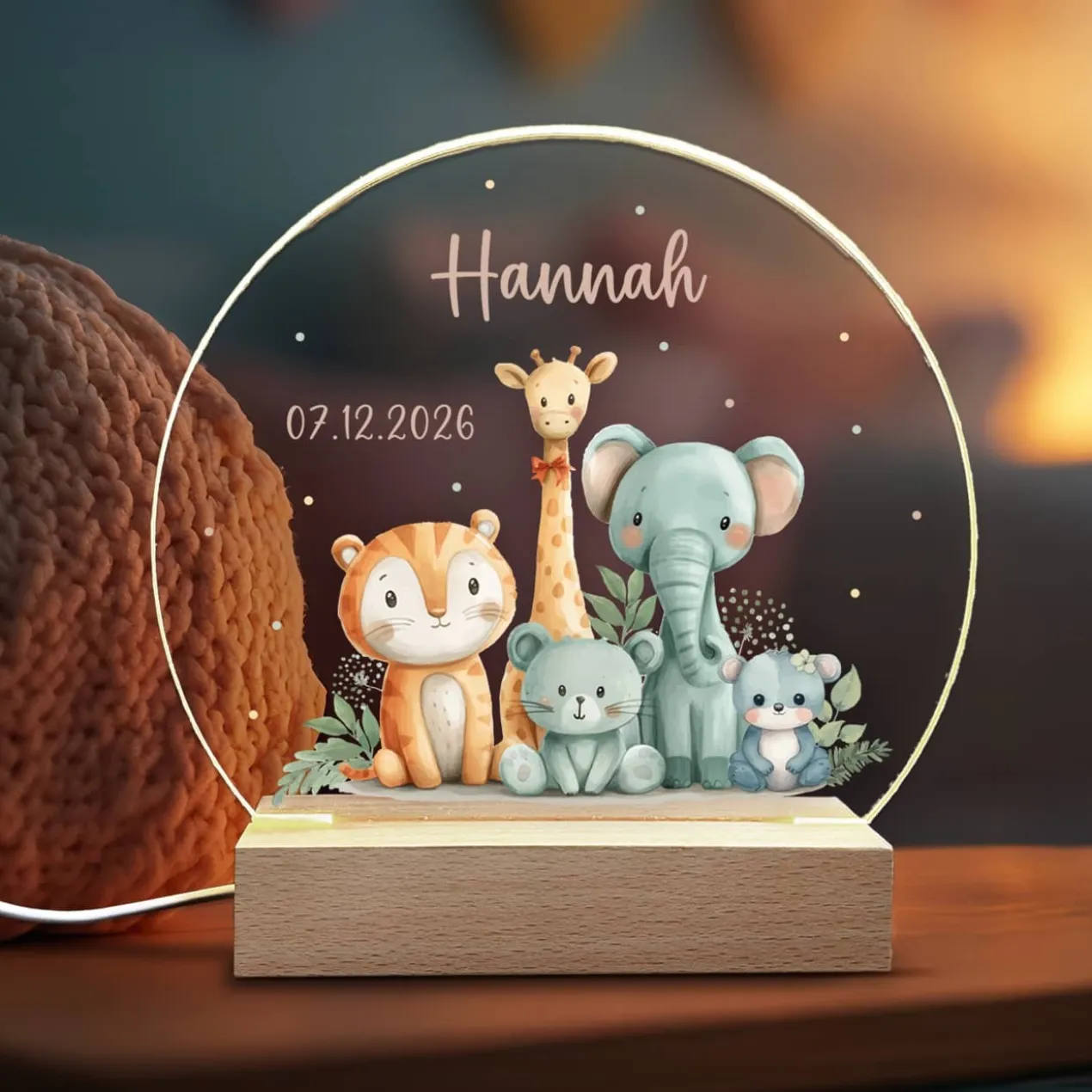 Nachtlicht Safari Tiere mit Name und Datum, LED Lampe als Geschenk für Babys und Kinder