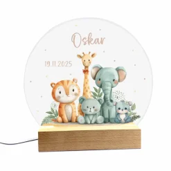 Nachtlicht Safari Tiere mit Name und Datum, LED Lampe als Geschenk für Babys und Kinder
