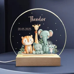 Nachtlicht Safari Tiere mit Name und Datum, LED Lampe als Geschenk für Babys und Kinder