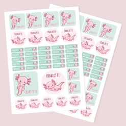 Namensaufkleber mit Axolotl Motiv und Name personalisiert | 84 Sticker für Kindergarten, Kita & Schule